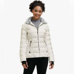 Women's Cream Puffer Jacket with Faux Fur Collar